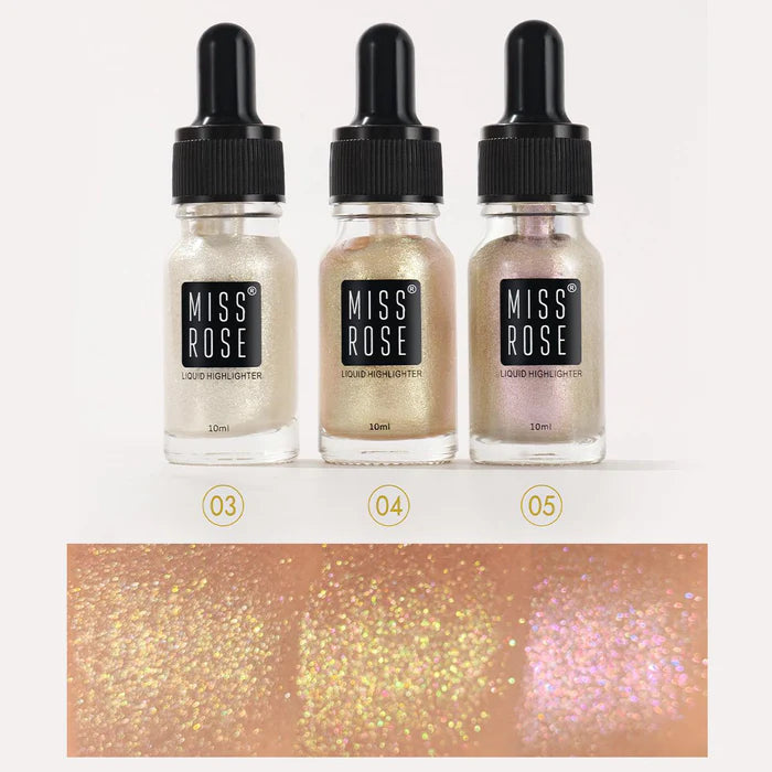 Three bottles of Miss Rose liquid highlighters with droppers on a white background.