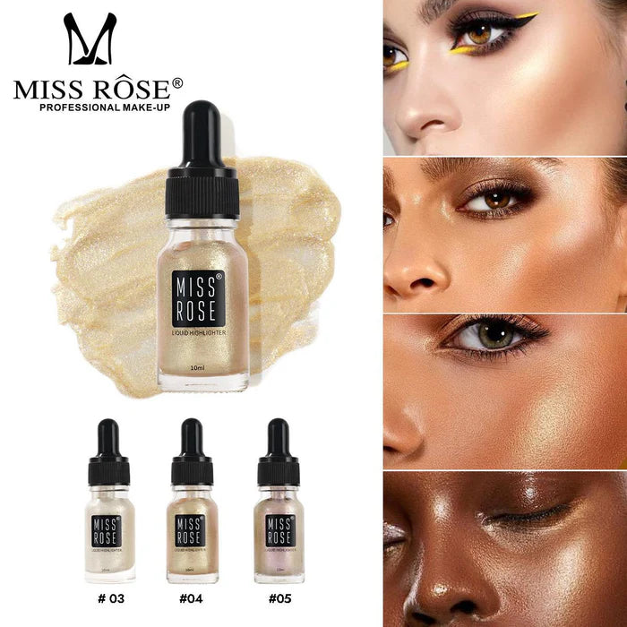 Miss Rose Professional Makeup High Beam Liquid Glitter Highlighter with application on skin and close-up shots.