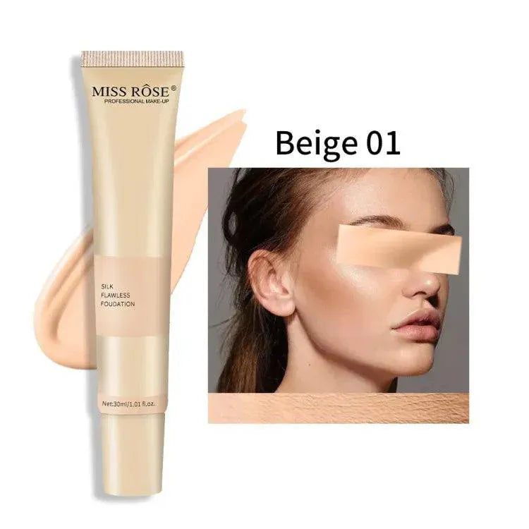 Miss Rose foundation tube with a woman's face showing foundation application on a white background