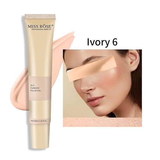 Miss Rose foundation tube with a close-up of a woman's face wearing the foundation, labeled 'Ivory 6'.