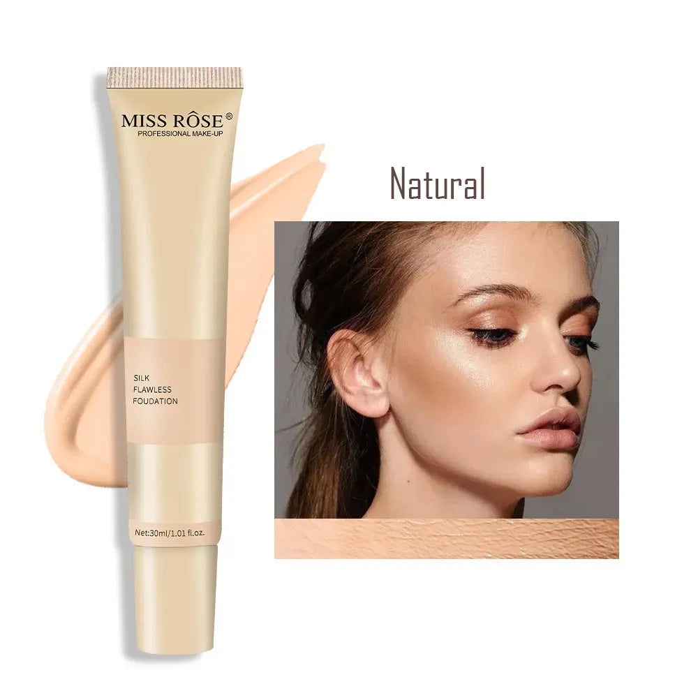Miss Rose foundation tube with a woman's face wearing the product, labeled 'Natural'.
