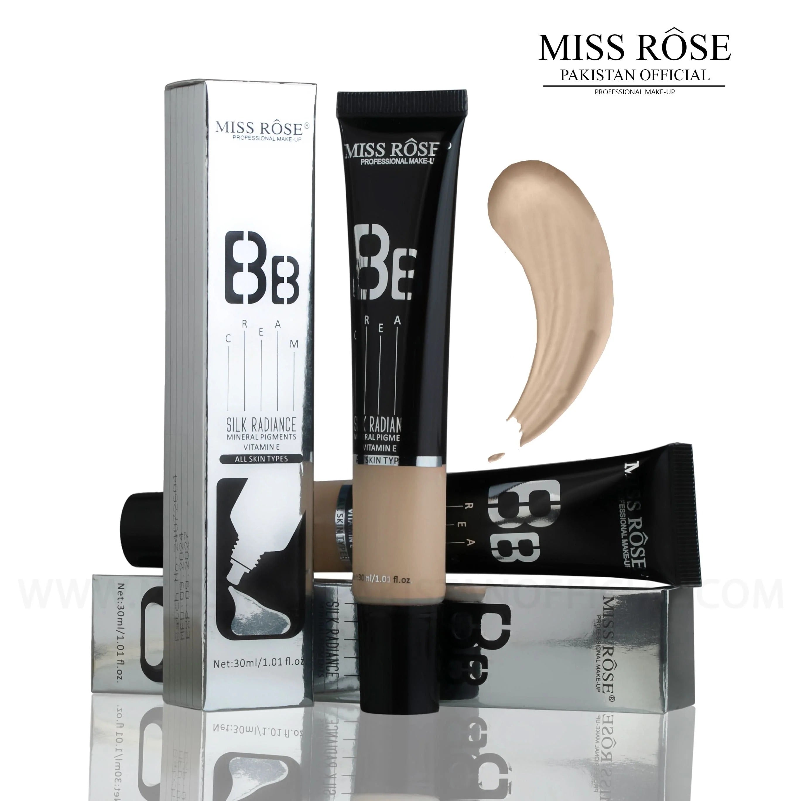Miss Rose BB Cream with packaging and applicator on a white background