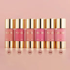 Set of Miss Rose Stain Liquid Blush with gold caps on a pink background