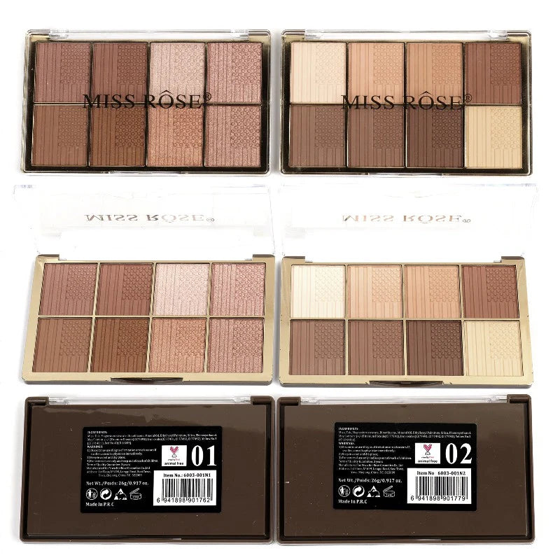 Miss Rose eyeshadow palettes with different color combinations on a white background.