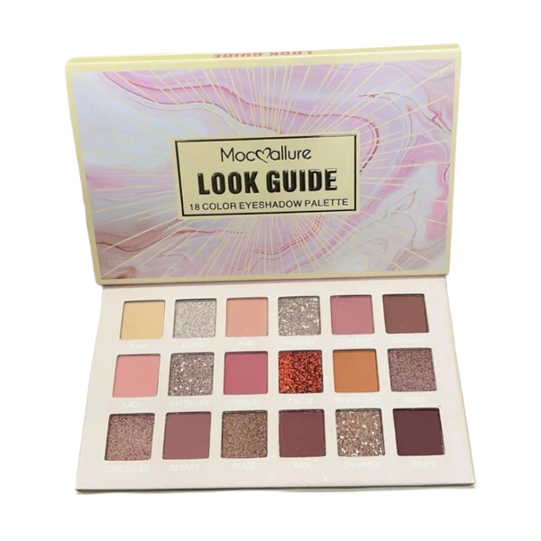 Maccallum 18-color eyeshadow palette with open lid showing 'Look Guide' text.