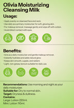 Product label for Olivia Moisturizing Cleansing Milk with usage, benefits, and recommendations.