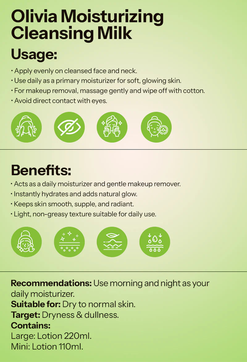 Product label for Olivia Moisturizing Cleansing Milk with usage, benefits, and recommendations.