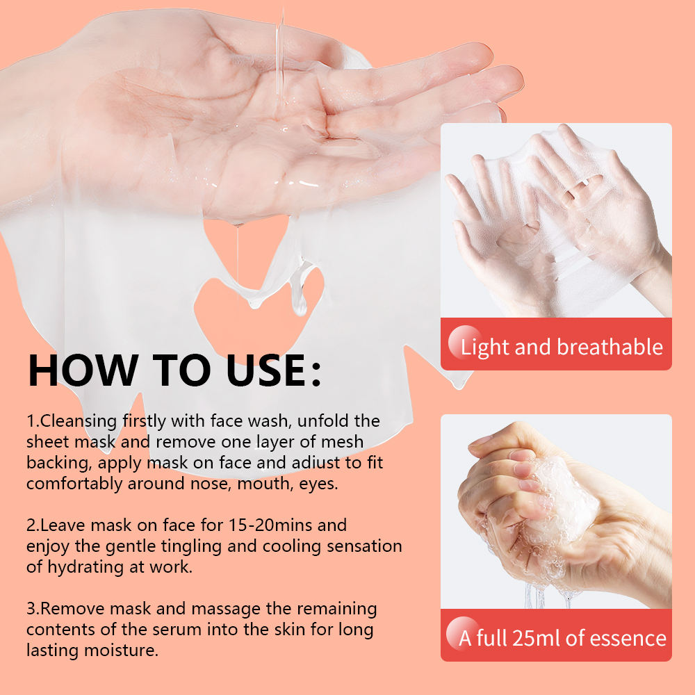 Instructions on how to use a sheet mask with text and images of hands applying the mask.