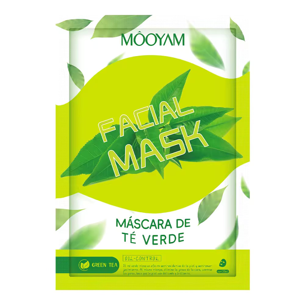 Mooyam facial mask packaging with green leaves and text on a white background
