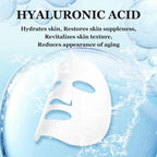 Hyaluronic acid face mask with water droplets and text on a blue background