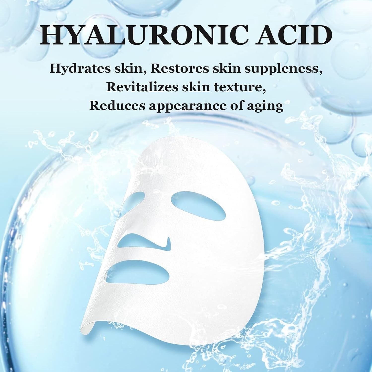Hyaluronic acid face mask with water droplets and text on a blue background