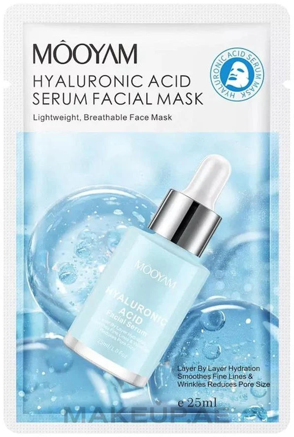 Mooyam Hyaluronic Acid Serum Facial Mask packaging with a dropper bottle on a white background
