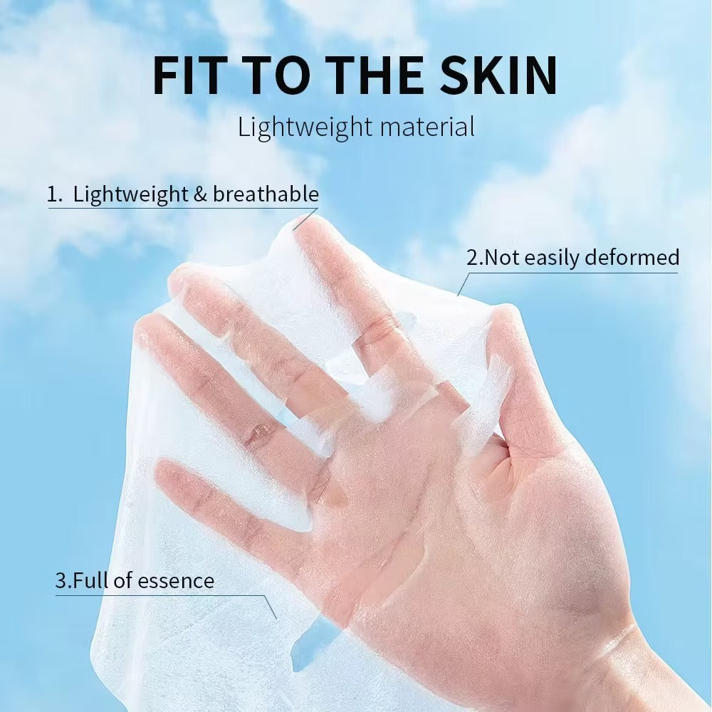 Hand holding a piece of lightweight, breathable material with text on a blue background