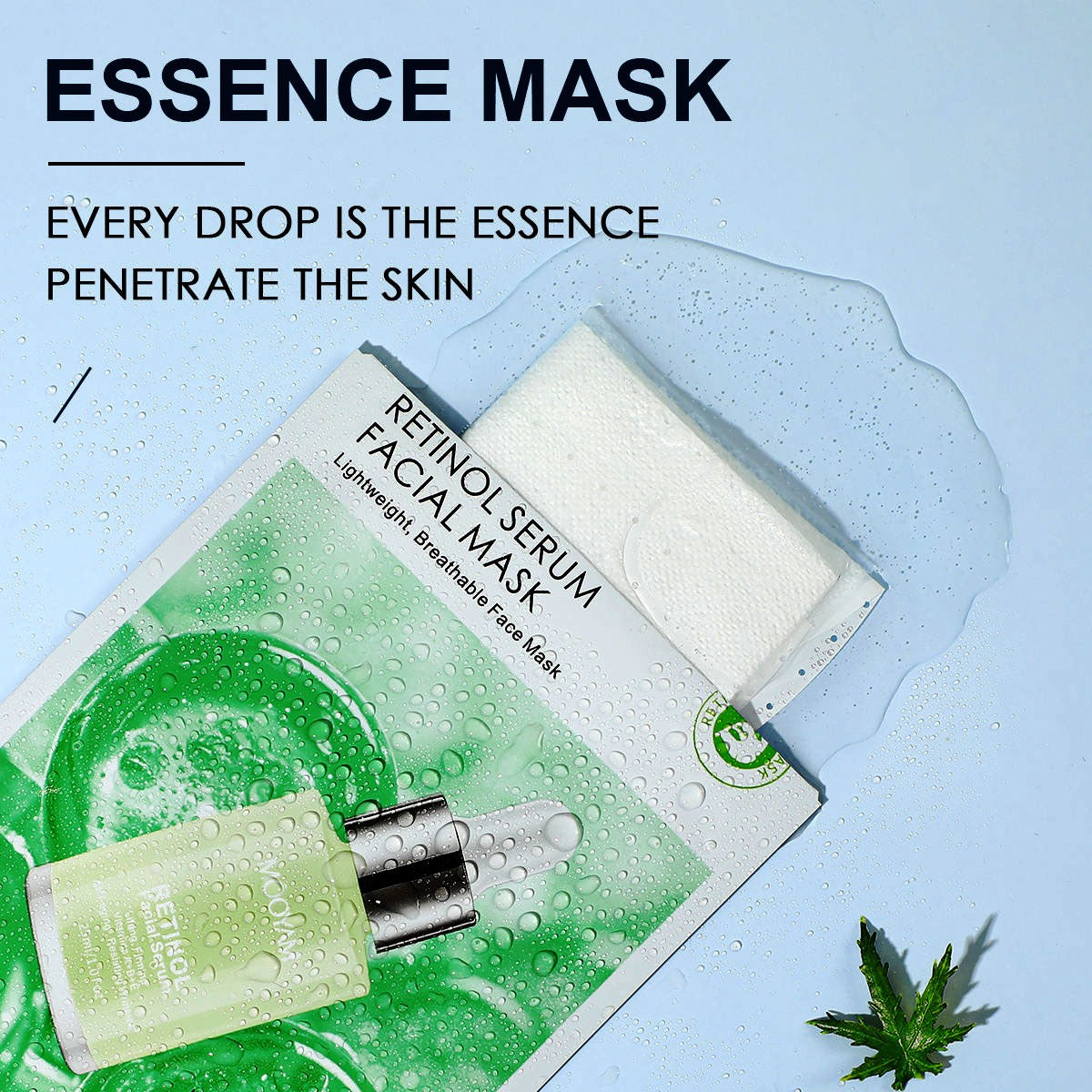 Retinol serum facial mask with green packaging on a light blue background