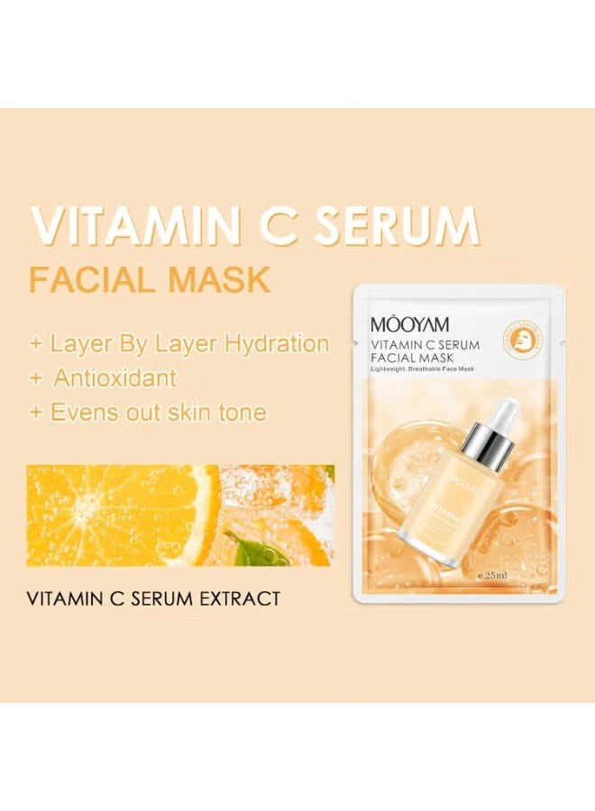 Mooyam Vitamin C Serum Facial Mask packaging with serum extract illustration on a beige background