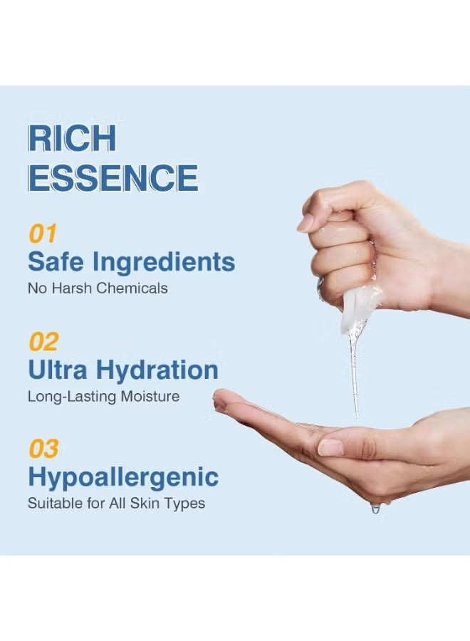 Hand holding a dropper with 'Rich Essence' product, featuring safe ingredients, ultra hydration, and hypoallergenic properties.