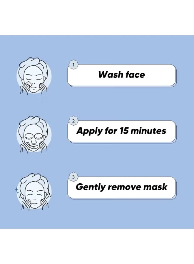 Step-by-step guide for using a face mask with illustrations and text on a blue background.