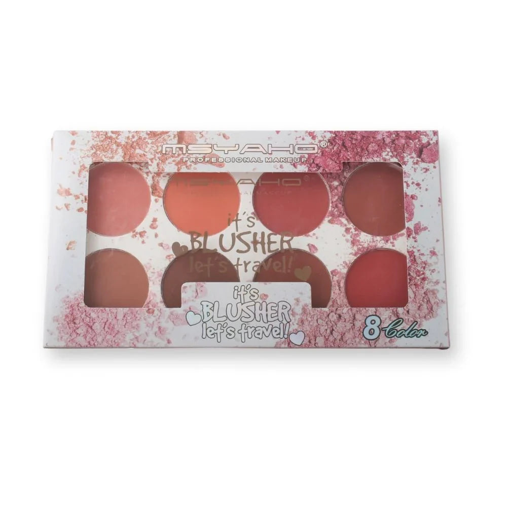 Blusher palette with eight shades in a decorative box on a white background