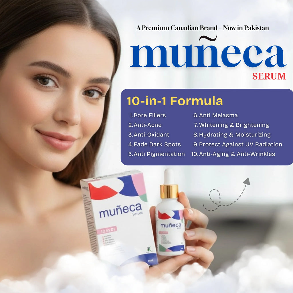 Woman holding Muéneca serum packaging with product details on a light background