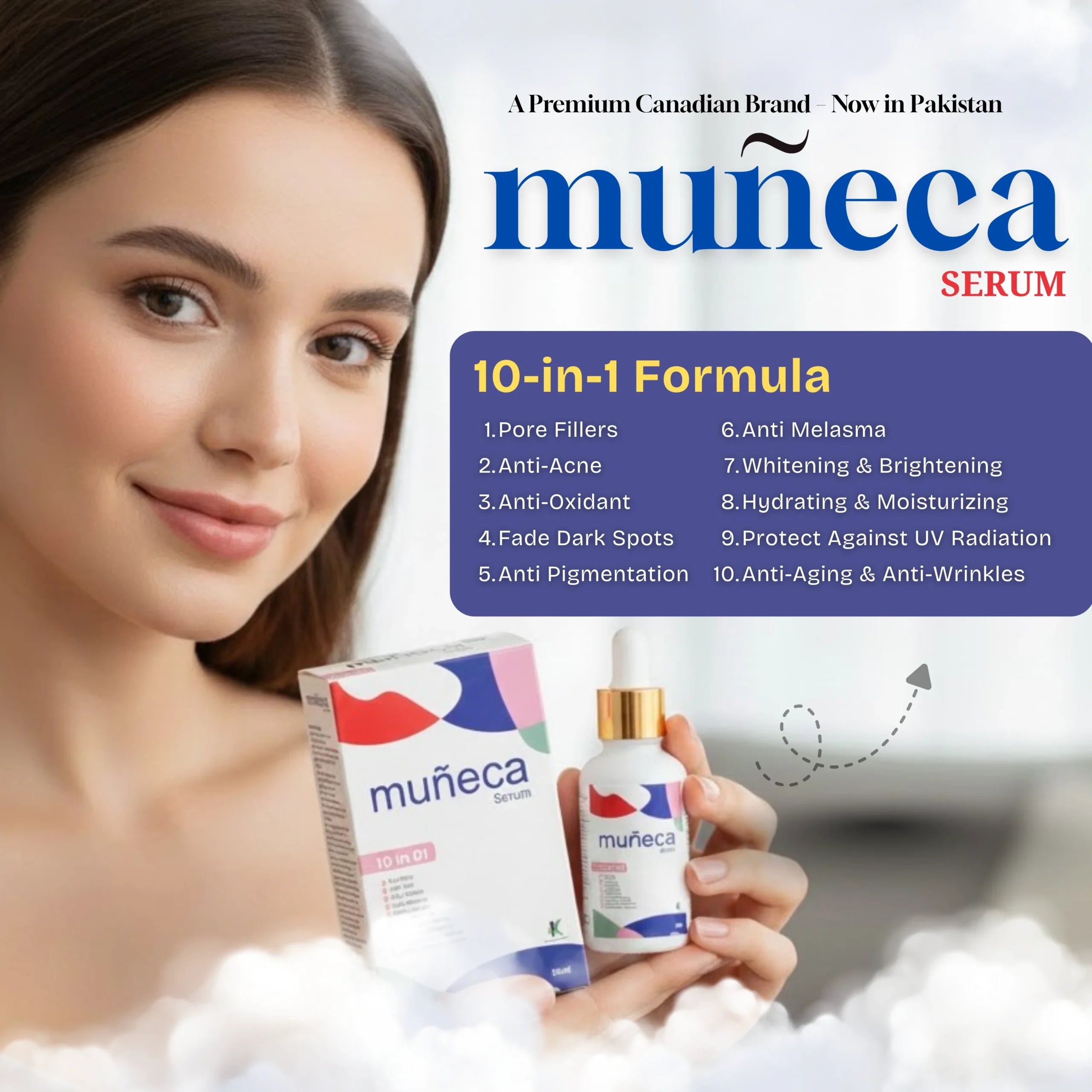 Woman holding Muéneca serum packaging with product details on a light background