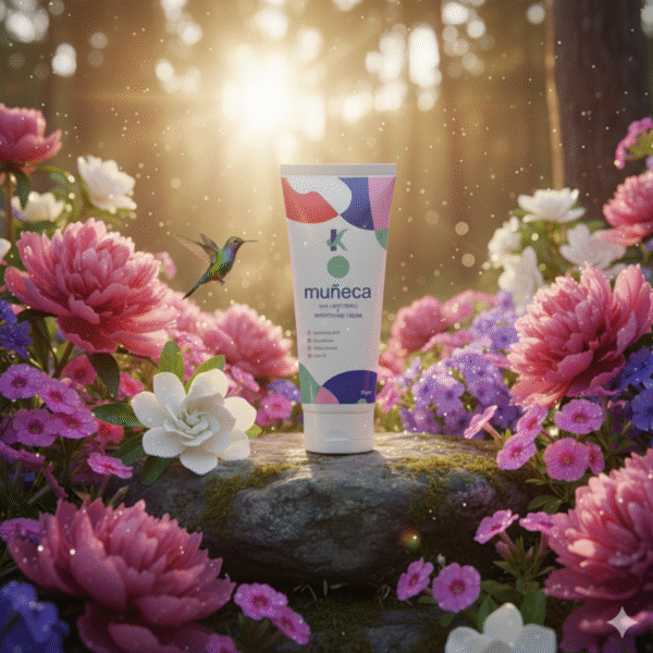 Tube of Mufeca cream surrounded by colorful flowers with a sunlit background