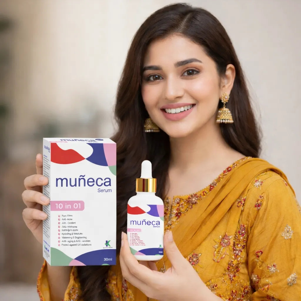 Woman holding muéca serum packaging and bottle with a blurred background