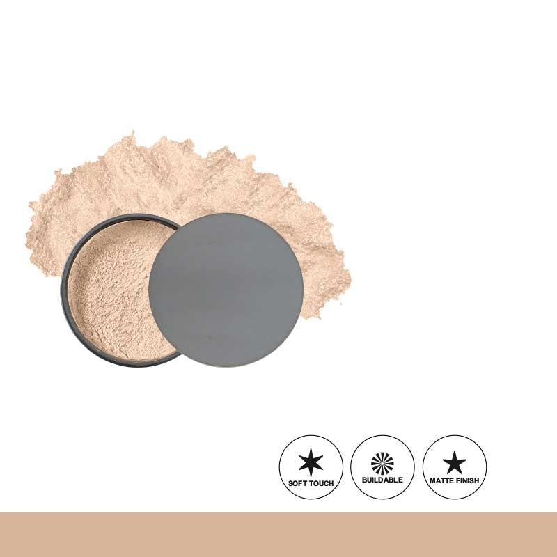 Makeup powder with a gray lid on a white background, featuring icons for soft touch, buildable, and matte finish.
