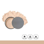 Makeup powder with a gray lid on a white background, featuring icons for soft touch, buildable, and matte finish.