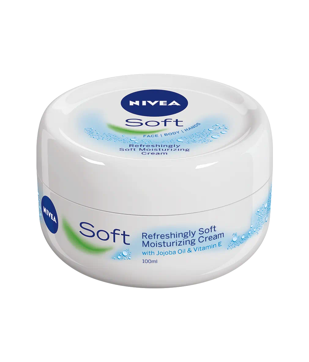 Nivea Soft moisturizing cream jar on a white background