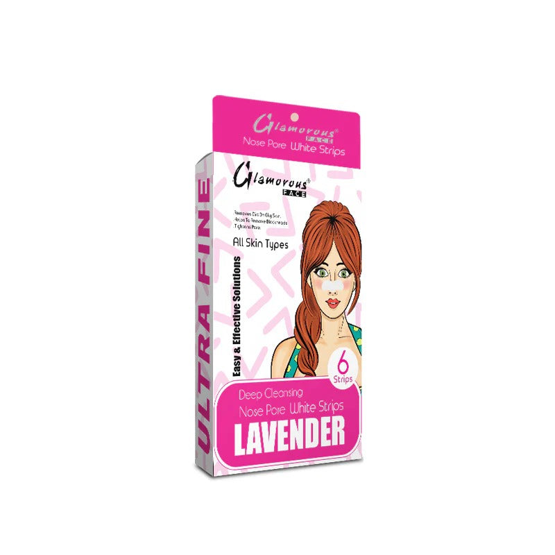 Packaging of Glamorous Ultra Fine Lavender nose pore strips on a white background