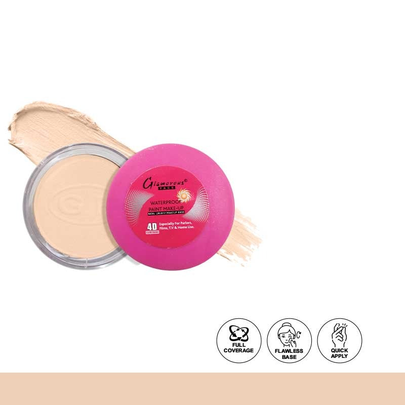 Makeup product with pink lid and beige powder on a white background