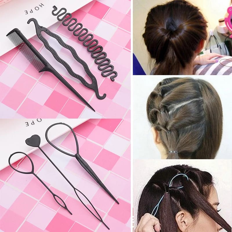 Set of hair styling tools with examples of hairstyles on a pink checkered background.