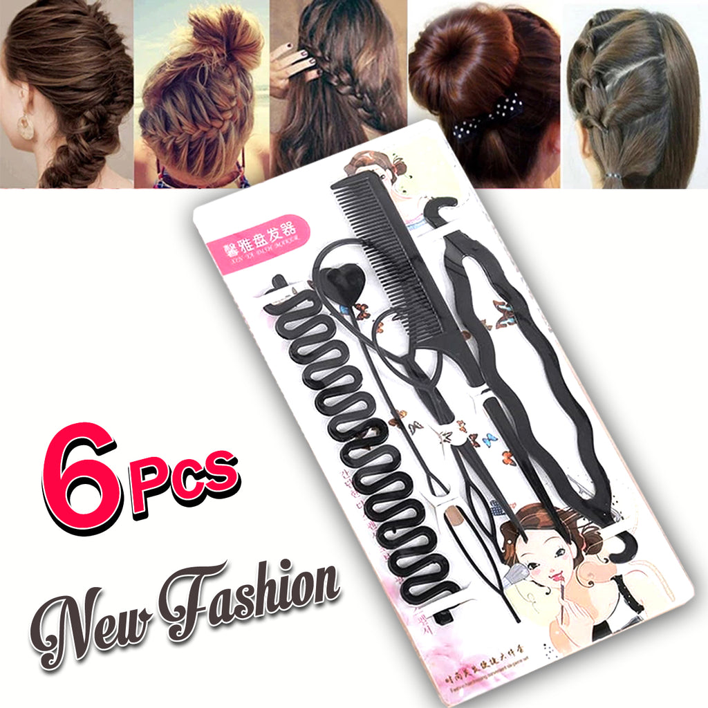 Hair styling tool set with packaging featuring illustrations of hairstyles and text '6 PCS New Fashion'.