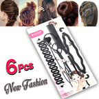 Hair styling tool set with packaging featuring illustrations of hairstyles and text '6 PCS New Fashion'.