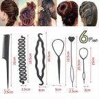Set of six hair styling tools with measurements and a comb on a white background