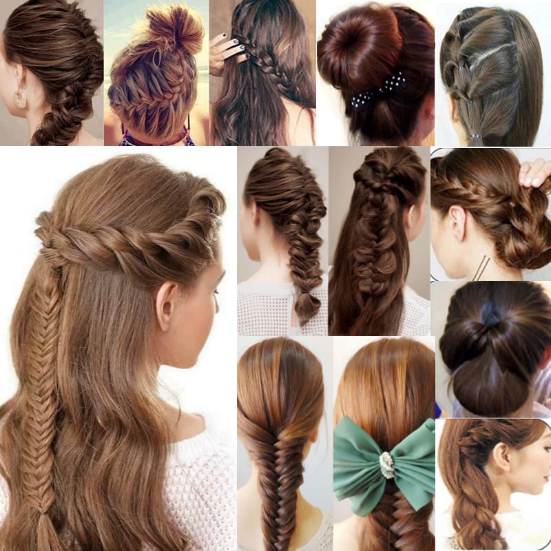 Collage of various hairstyles with braids and updos.