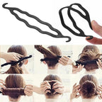 Black hair styling tool being used on a person's hair with step-by-step instructions.