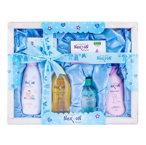 Nex'on baby care product set in a decorative box with blue ribbon