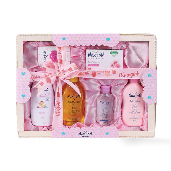 Nexton 6 Pieces Baby Gift Pack in a decorative box with 'It's a girl' text, featuring Nex'On brand.