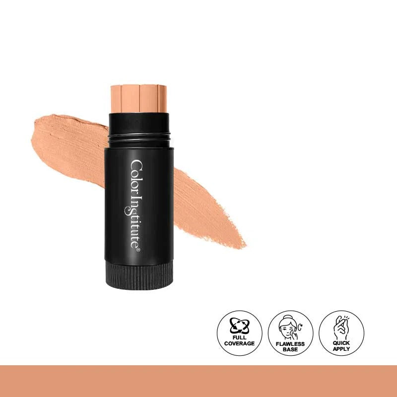 Black makeup stick with peach color swatch on a white background