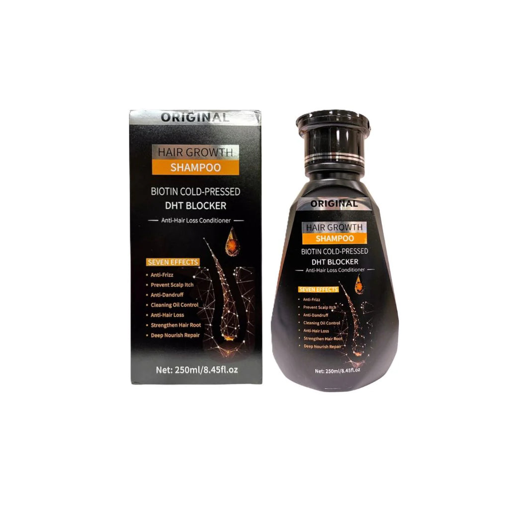 Hair growth shampoo bottle and packaging on a white background