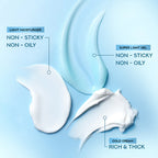 Three types of skincare products labeled 'Light Moisturizer', 'Super Light Gel', and 'Gold Cream' on a blue background.