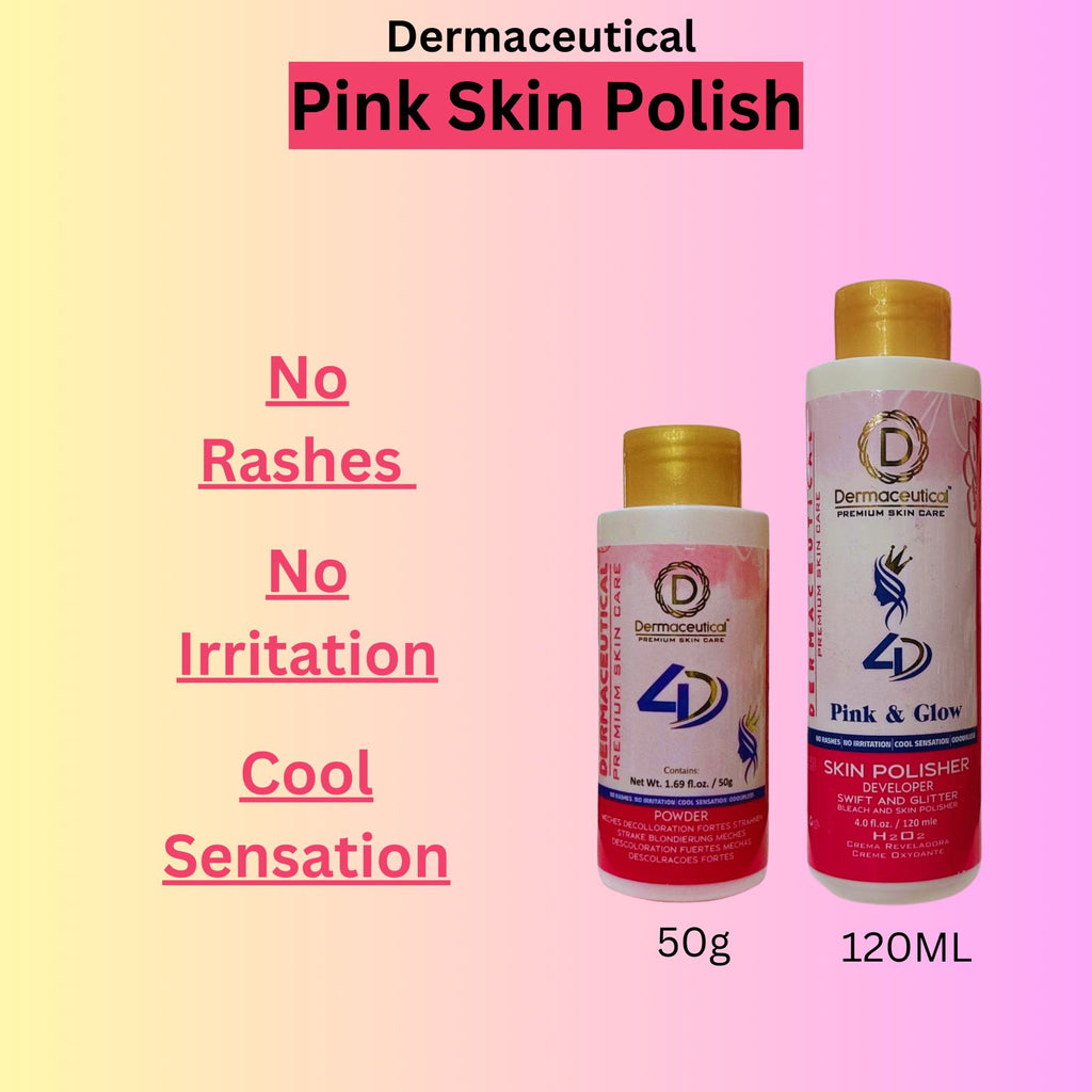 Two bottles of Dermaceutical Pink Skin Polish with product details on a pink and yellow gradient background.