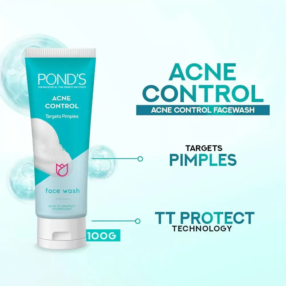 Ponds Acne Control face wash tube with product features on a light blue background