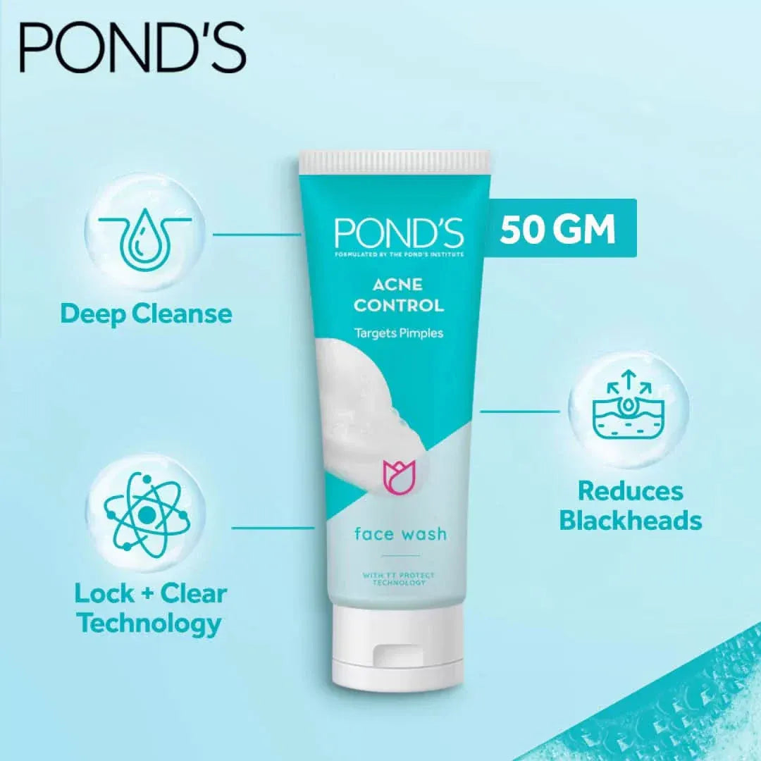 Ponds Acne Control face wash tube on a light blue background