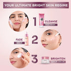 Ponds skincare product display with steps for a bright skin regime on a pink background