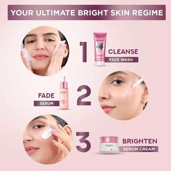 Ponds skincare product display with steps for a bright skin regime on a pink background