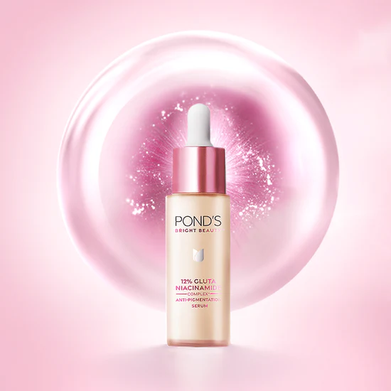 Ponds skincare serum bottle on a pink background