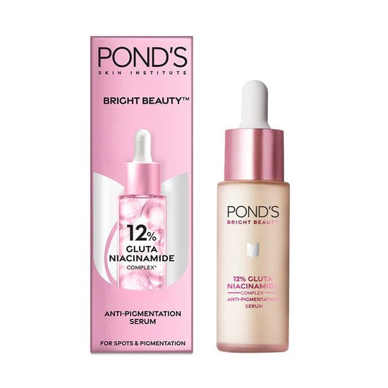 Pond's Bright Beauty serum bottle and packaging on a white background