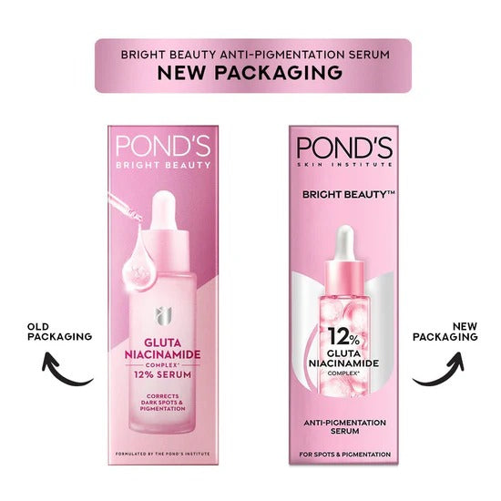 Comparison of Pond's Gluta Niacinamide 12% Serum old and new packaging on a white background.